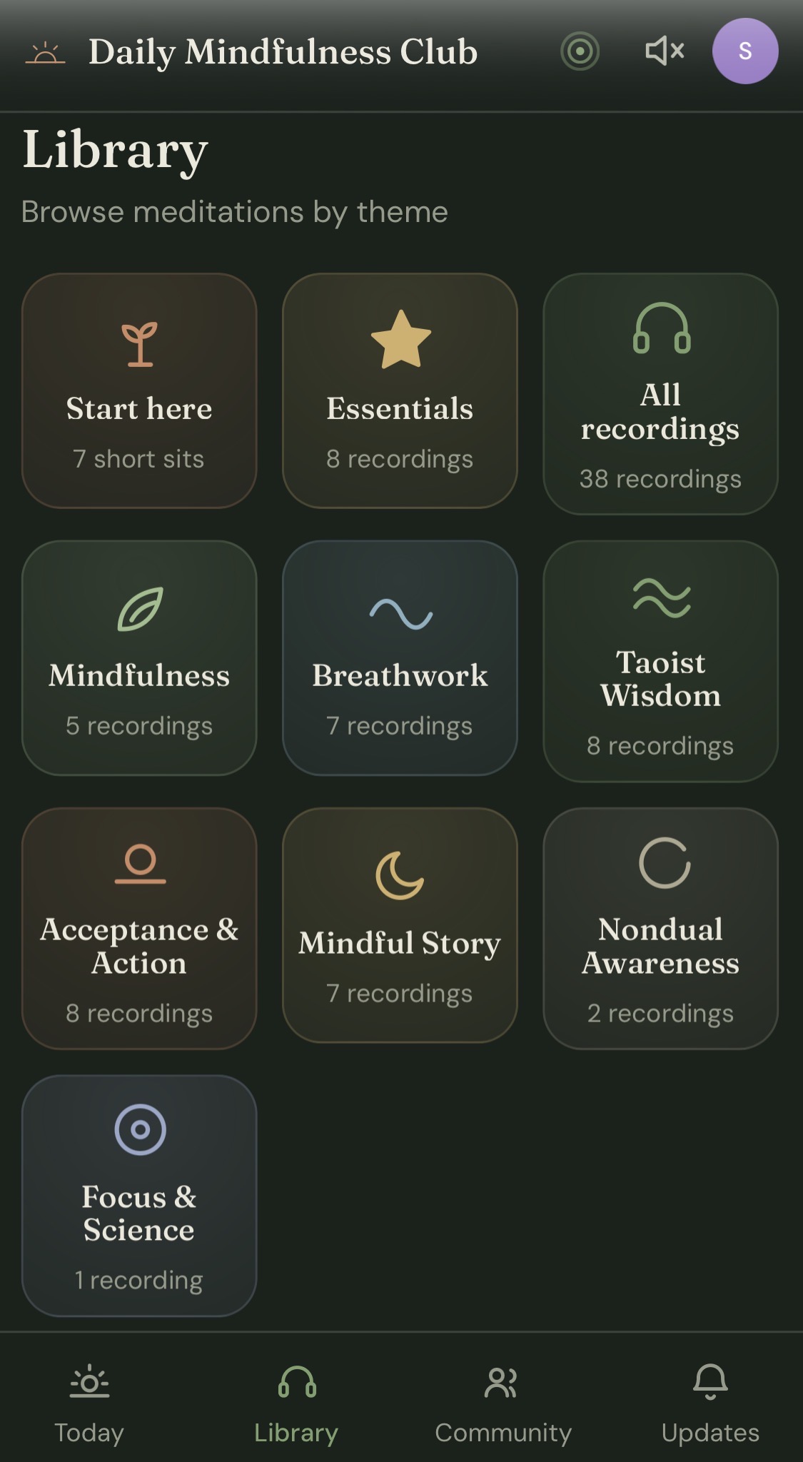 The app's meditation library organised by theme: Start here, Essentials, Mindfulness, Breathwork, Taoist Wisdom, Acceptance and Action, Mindful Story, Nondual Awareness and Focus and Science
