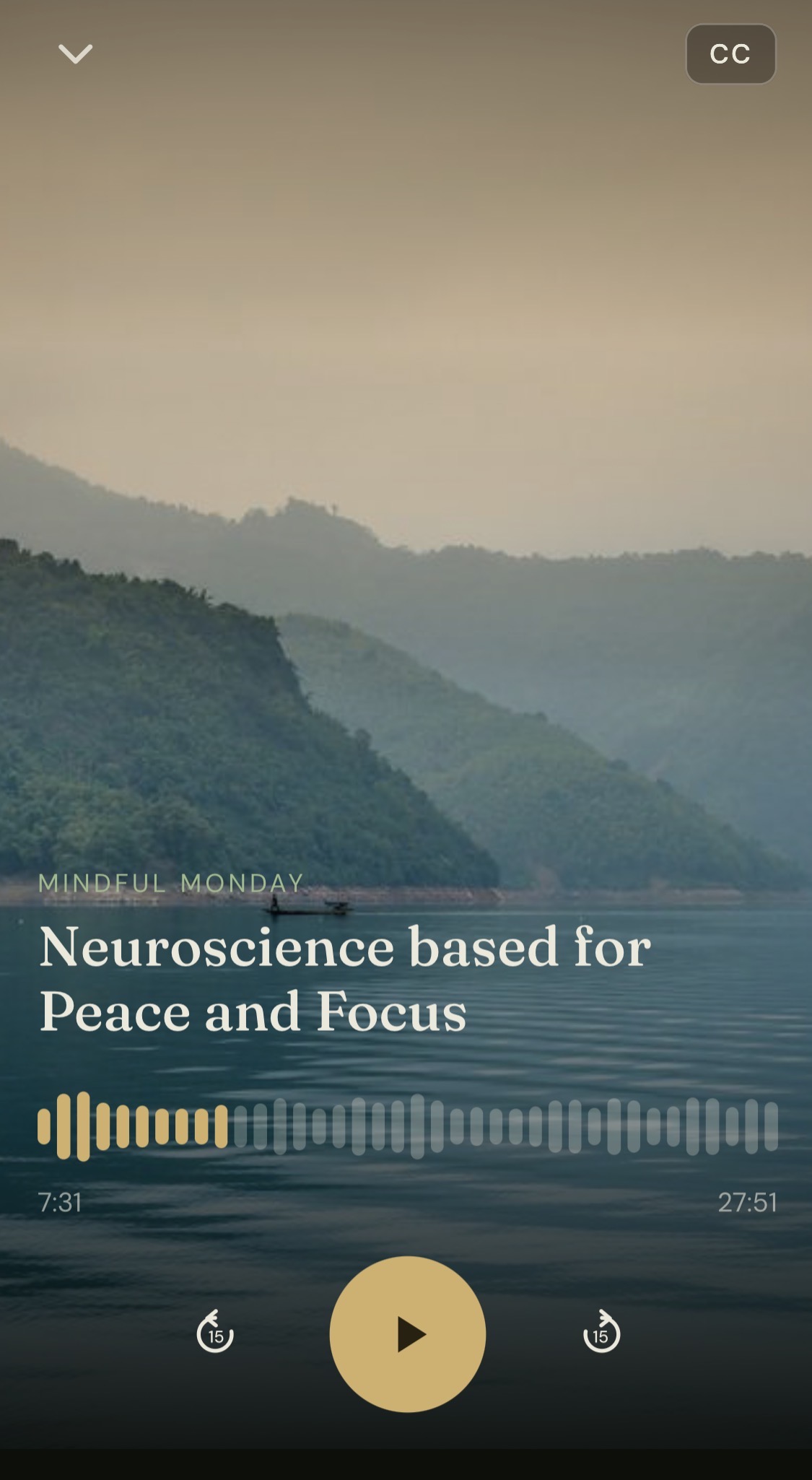 A guided meditation playing in the app — 'Neuroscience based for Peace and Focus' — with captions and a gentle scrubber, over a calm lake at dawn